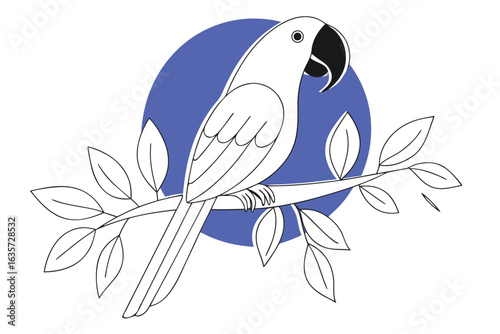 White cockatoo perched on a branch against a blue circle
