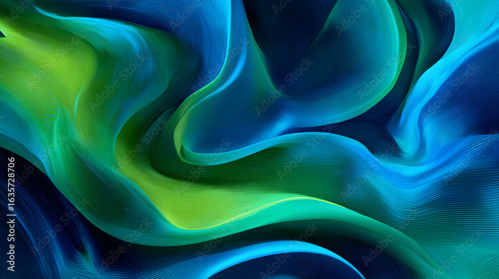 Obraz premium Dynamic wavy shapes blend fluidly with vibrant colors creating an abstract teal green and blue flowing texture rendering a visually appealing elegant and smooth background for