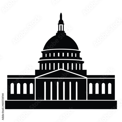 Detailed Silhouette of United States Capitol Building with Dome and Architectural Details Isolated