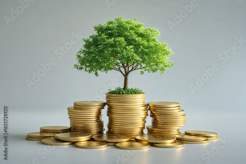 Lush green tree growing from stacks of golden coins leaves growth
