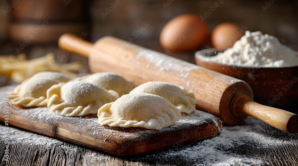 Fototapeta premium Close-up homemade pierogi preparation with rolling pin and flour.