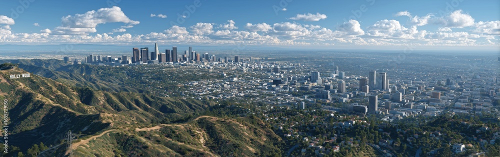Fototapeta premium Skyline of Los Angeles on sunny day, Hollywood Sign and Downtown LA skyscrapers prominent, captured from high vantage point, urban landscape, cityscape photography 