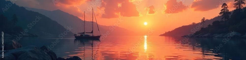 Fototapeta premium Serene sunrise over calm waters, sailboat gently rocking at anchor in a secluded bay Perfect for nautical, travel, and relaxation themes , water, light