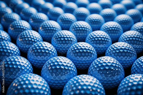 Many blue golf balls in rows dimpled sports equipment