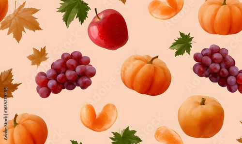 autumn pattern, colorful, soft orange, brown, red, seasonal fruits, background