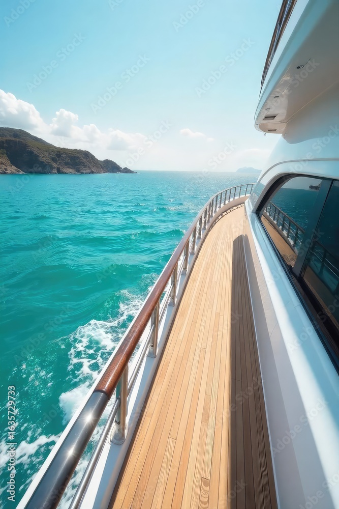 Obraz premium Sun-drenched yacht deck, pristine white, turquoise water shimmering, opulent details, summer luxury at its finest Perfect for travel, lifestyle, and high-end brands , elegant, opulence, swimming