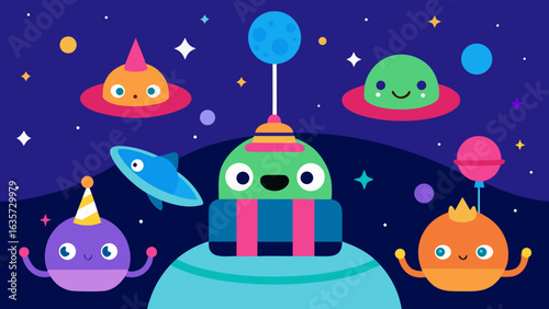 cartoon space station birthday aliens