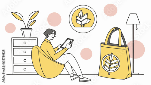 A woman is using a tablet sitting in a chair at home with a bag and plant, a modern illustration style, isolated on white background