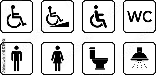 Washroom signs. Restroom or toilet door sign set gents, ladies, disabled, baby changing. Female or male restroom. WC door plate symbol Printable sticker. Vector illustration.