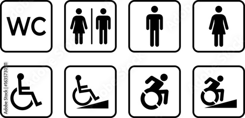 Washroom signs. Restroom or toilet door sign set gents, ladies, disabled, baby changing. Female or male restroom. WC door plate symbol Printable sticker. Vector illustration.