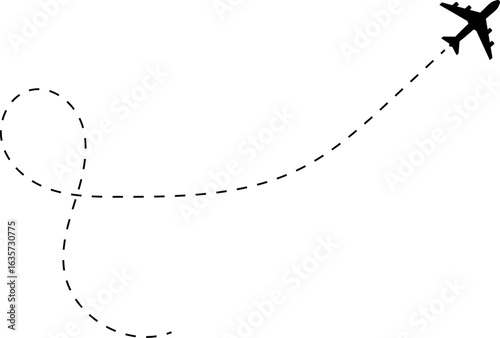 Airplane line path icon of air plane flight route with start point and dash dotted line trace. Love travel route. Airplane routes. Travel icon.