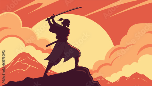 Silhouette of a samurai warrior with sword on mountain top against a sunset sky with clouds in a vintage retro style