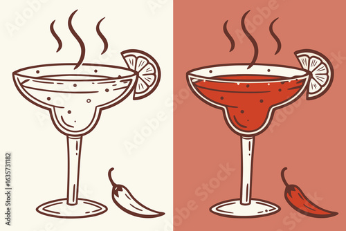 Illustration of two spicy margaritas with chili peppers and lime slices on contrasting backgrounds design