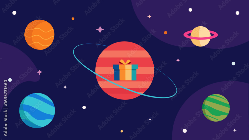 Naklejka premium solar system birthday map with gift planets