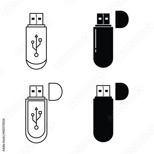 USB Flash Drive Icons in Black and White Data Storage Vector Illustration