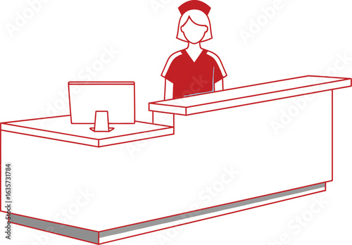 Nurse at reception desk with computer in a hospital setting