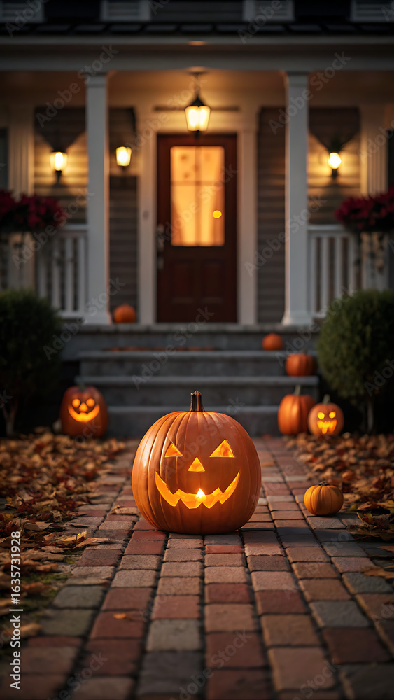 Obraz premium Glowing jack o lanterns light a cobblestone path leading to a dark house on a spooky autumn evening