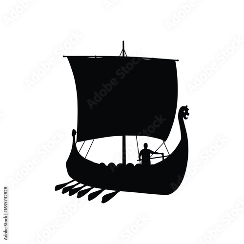 Silhouette of a Viking Longship Sailing on Water