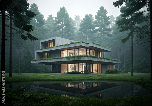 Peaceful house in the forest, Far from the city, tree, art, glass, modern design, decoration, decorative, deco, relax, view, dwelling, windows, rustic, comfort, rich, peace, creative, cozy, evening .