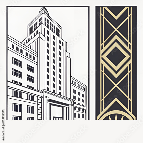 Vintage Art Deco architecture vector illustration. Classic building facade with a decorative geometric pattern. Retro design elements ideal for historical and urban projects.