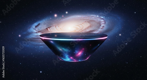 Futuristic floating platform against a cosmic galaxy backdrop