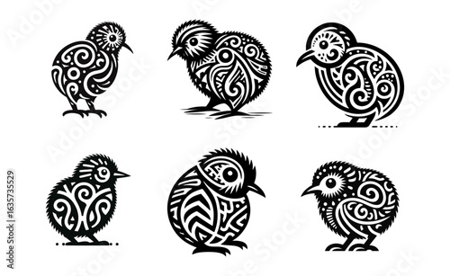 Maori Pattern Kiwi Bird Vector Illustration Set
