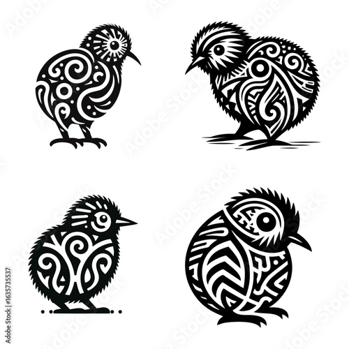 Maori Style Kiwi Birds Vector Illustration Set