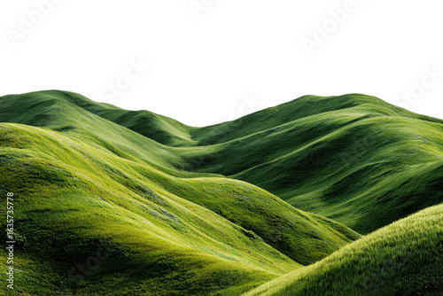 Rolling green hills stretch into the distance.  A dark background accentuates the vibrant green slopes.  A winding horizon line marks the tops of the hills