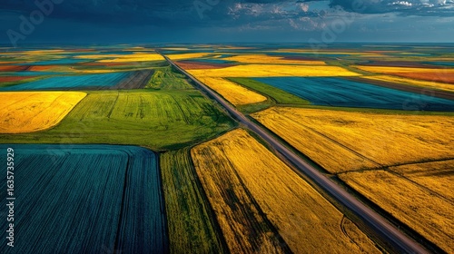 Aerial view of highways cutting through the vibrant Texan panhandle landscape