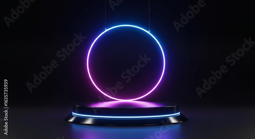 Circular neon ring above empty podium on dark background