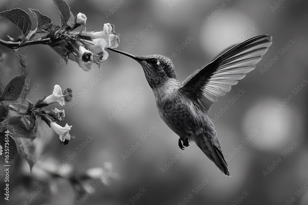 Fototapeta premium Monochrome hummingbird feeding on delicate flower 