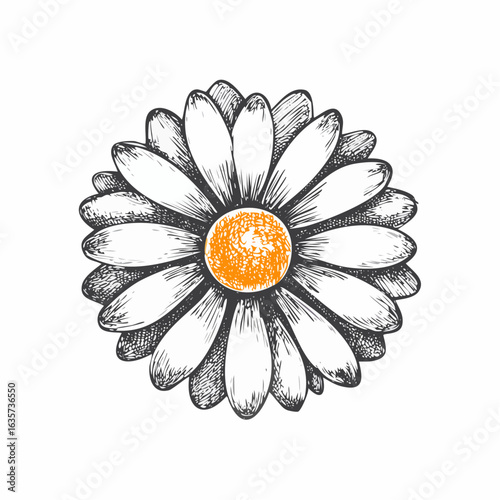 Daisy flower crayon drawing. Brush vector. Hand drawn floral sketch. Doodle paint. Black simple spring daisy flower.