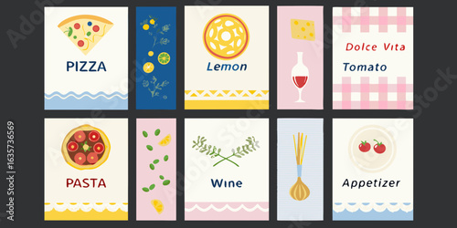 Collection of italian food and drink illustrations with text labels