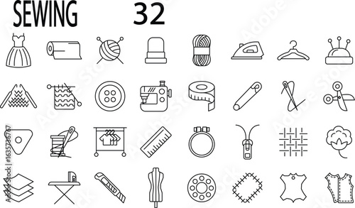 Sewing icon set. Editable stroke. Vector illustration.