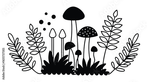 Vector art of assortment of stylized black mushrooms and foliage isolated on white background.