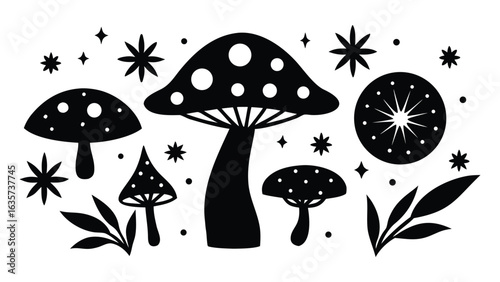 Vector art of mushroom and star pattern isolated on white background.