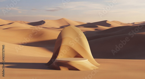 Sculptural form emerging from desert sand dunes at sunset