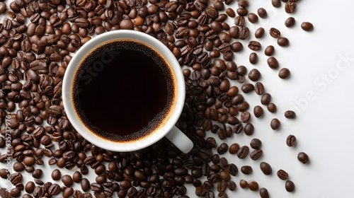 Top view of hot black coffee in white cup with scattered roasted coffee beans.