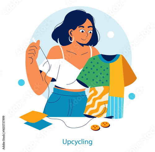 Woman Upcycling T-Shirt with Sewing Needle Vector