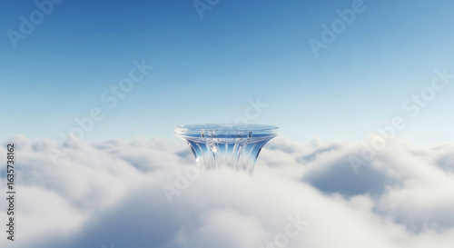 Floating stage above clouds in a clear blue sky