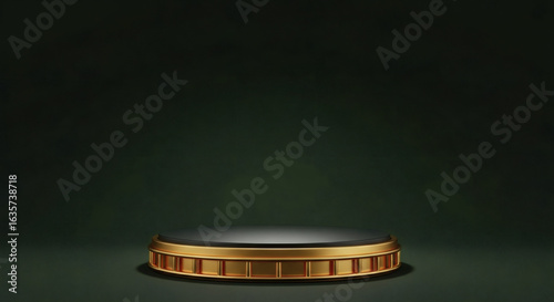 Minimalist dark green podium with gold trim, clean studio lighting