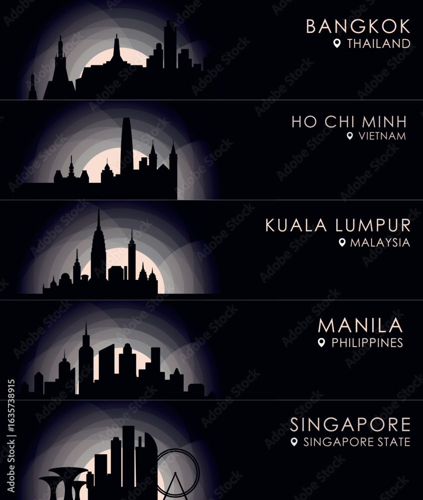Fototapeta premium Asia cities banners with skylines, cityscapes, landmarks shapes. Horizontal panel style travel vector images pack for Bangkok, Ho Chi Minh, Kuala Lumpur, Manila, Singapore