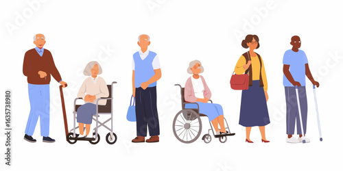 Diverse group of elderly people with mobility aids and a younger woman
