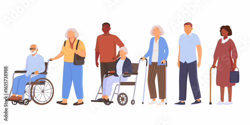 Diverse group of elderly people with mobility aids and companions