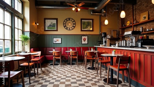 Interior view of a cozy cafe with vintage charm.