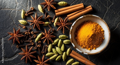 Wallpaper Mural An Aromatic Tapestry: A Macro View of Whole Masala Spices and Turmeric on Rough Stone. Torontodigital.ca