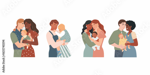 Diverse families embracing babies in loving tender moments