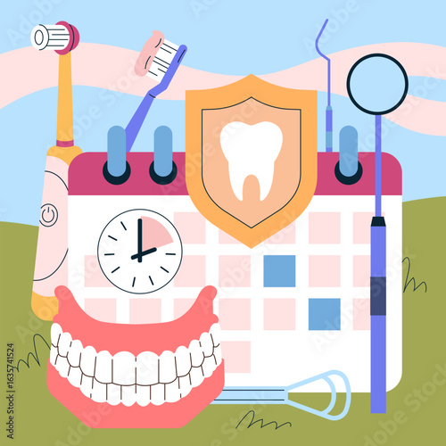 Dental Care Schedule with Oral Hygiene Tools Vector