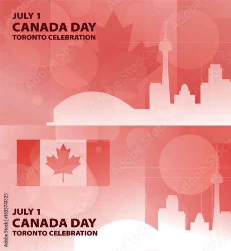 Canada Day Celebration in Toronto banner pack. Vector illustration city silhouette for web panel, event, social media post. Patriotic horizontal backdrop, background with canadian flag