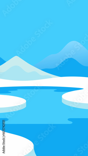 Stylized arctic landscape with ice floes and distant mountains under blue sky